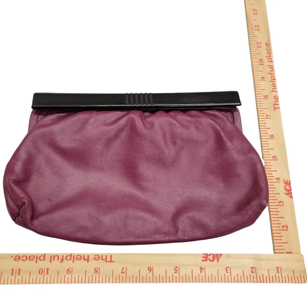 Vintage Lord & Taylor Plum Leather Clutch Bag Made in Italy Black Frame